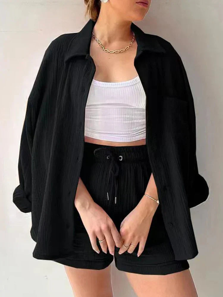 Jacinta | Dames tweedelig top met lange mouwen en stijlvolle shorts